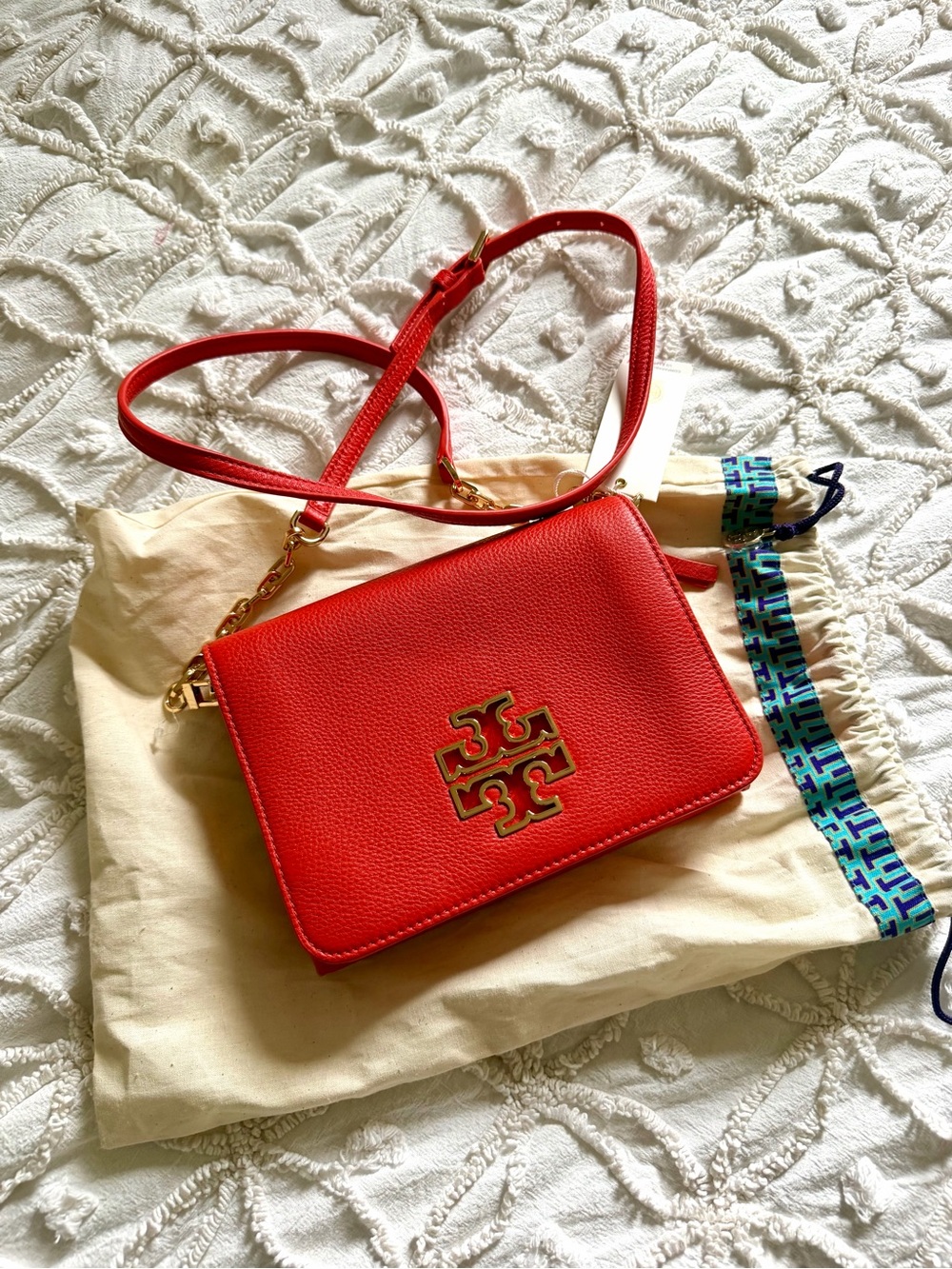 Tory Burch Britten Pebbled Leather Convertible Crossbody in Poppy Red
